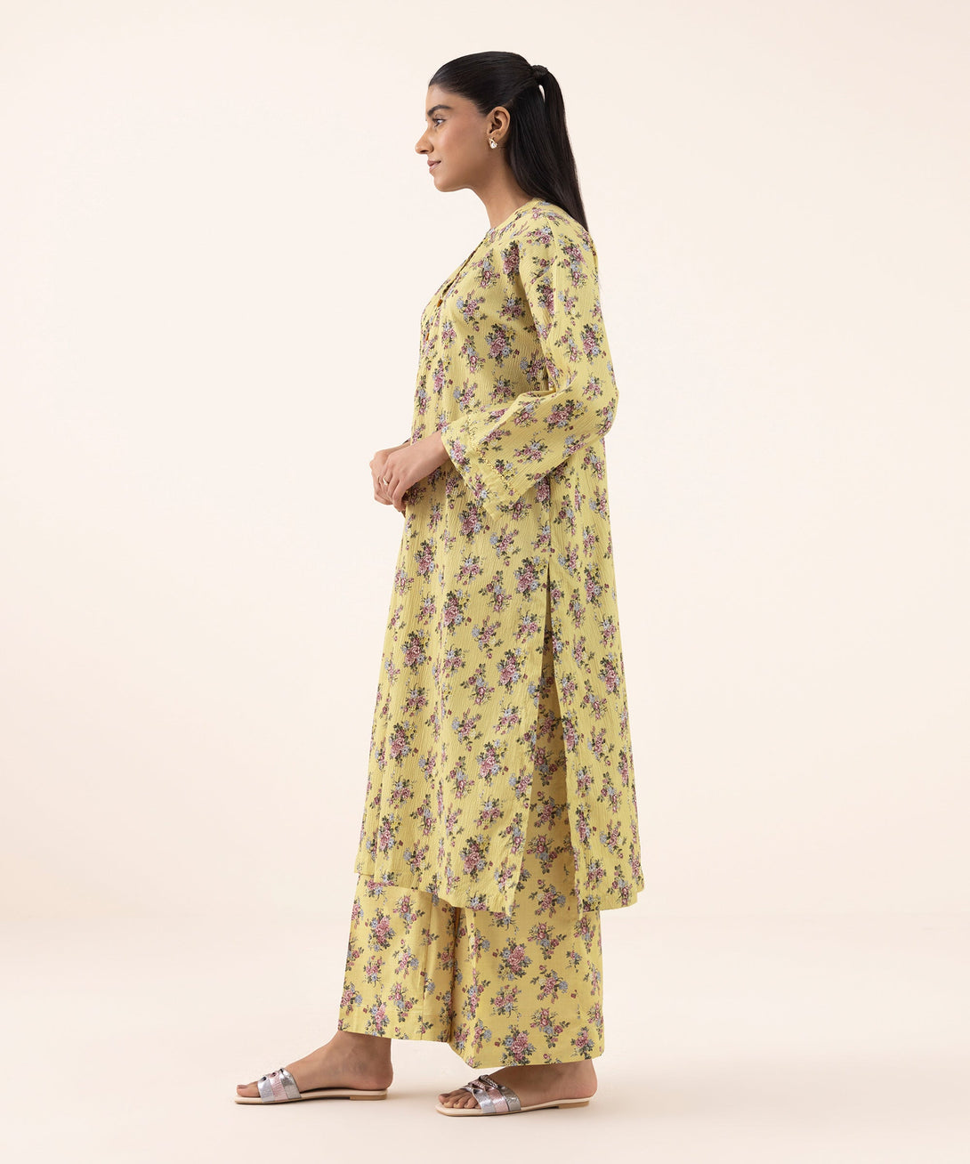 Women's RTW Seersucker Yellow Printed Drop Shoulder Shirt