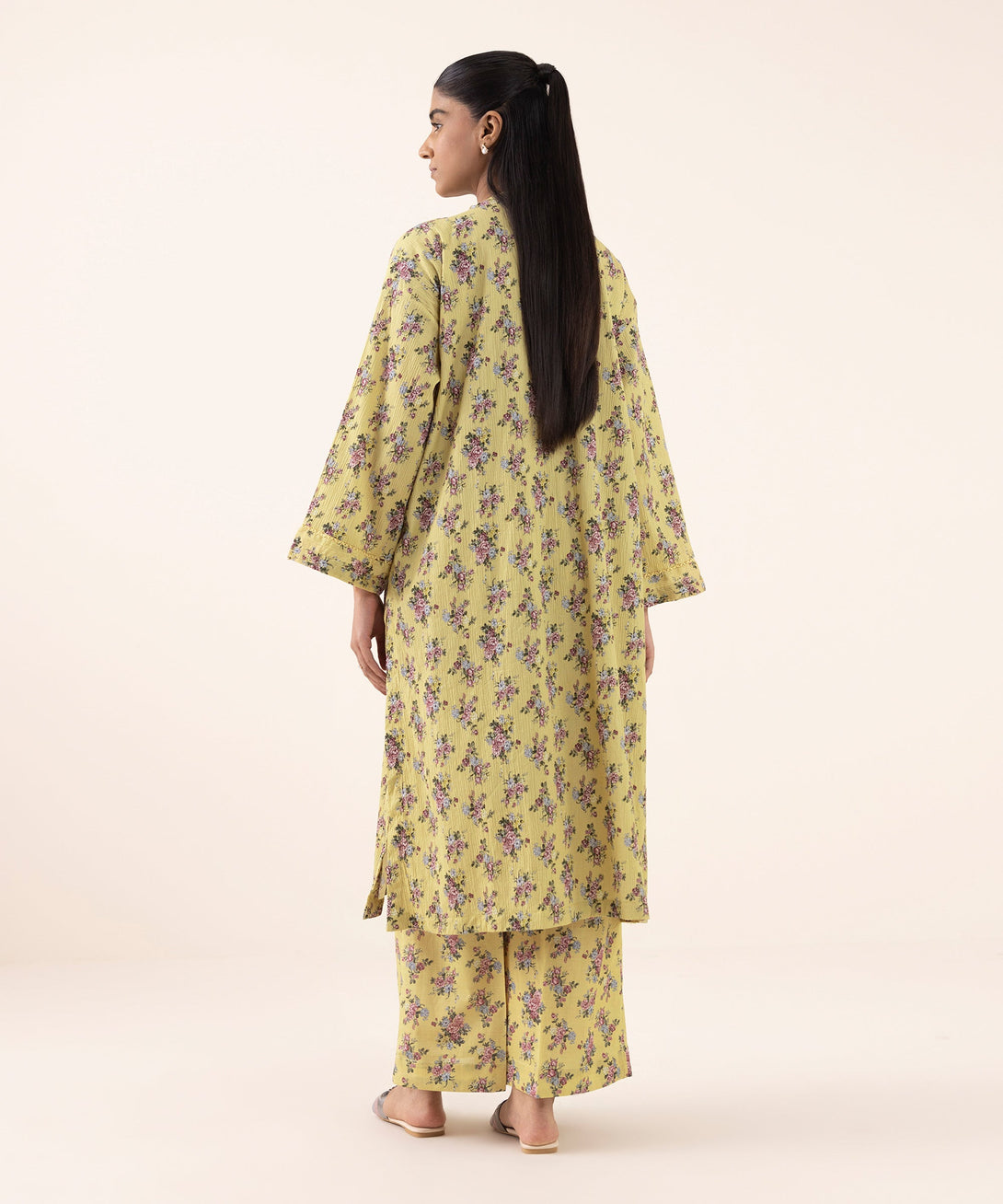 Women's RTW Seersucker Yellow Printed Drop Shoulder Shirt