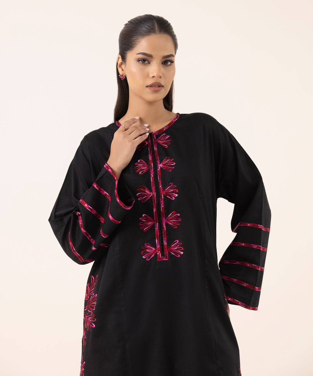 Women's RTW Dobby Black Embroidered Boxy Shirt