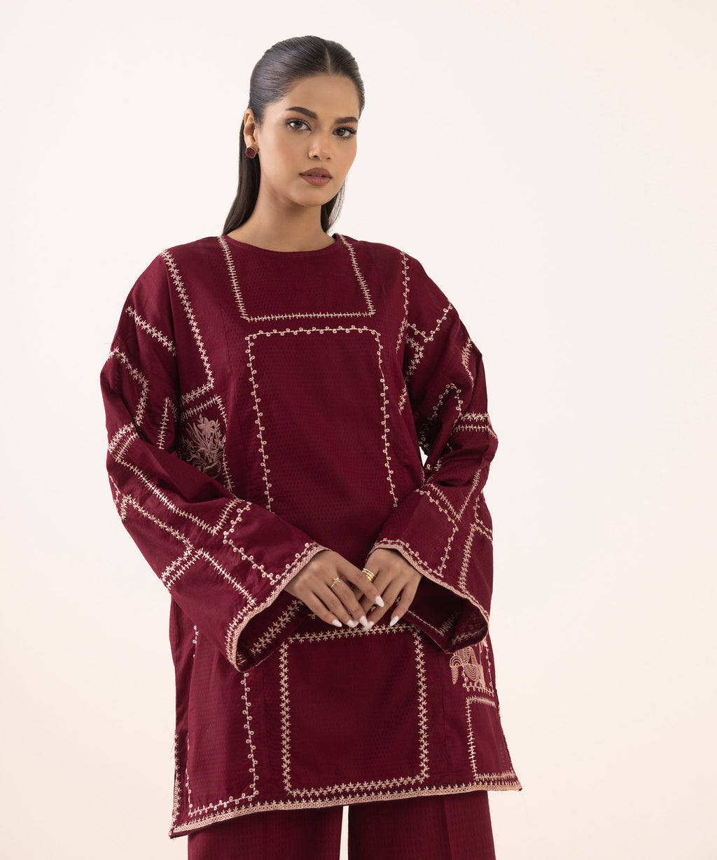Women's RTW Dobby Red Embroidered Boxy Shirt