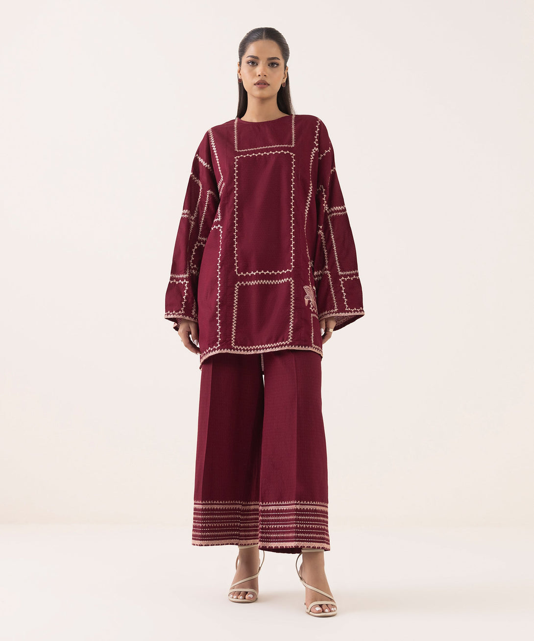 Women's RTW Dobby Red Embroidered Boxy Shirt