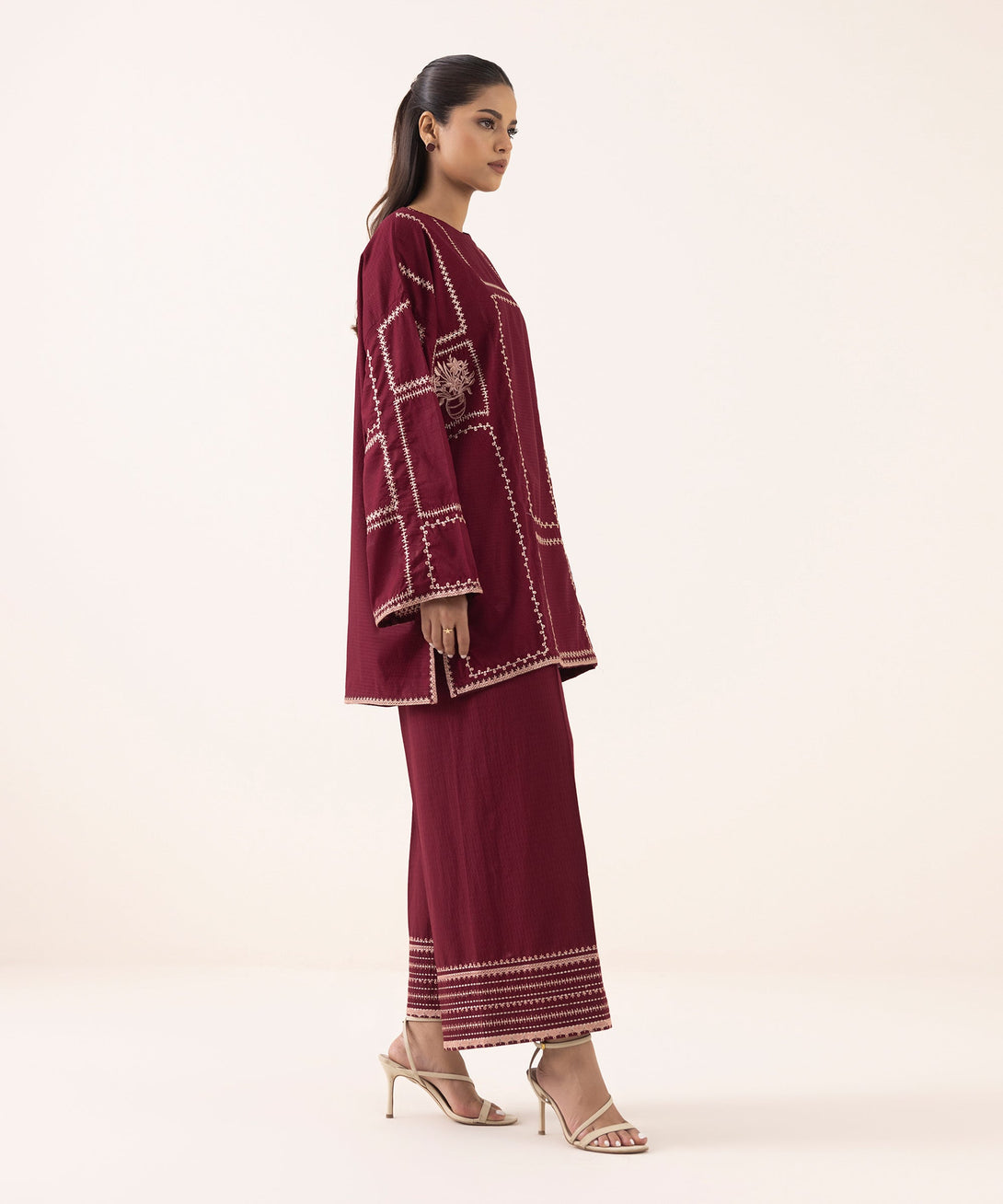 Women's RTW Dobby Red Embroidered Boxy Shirt