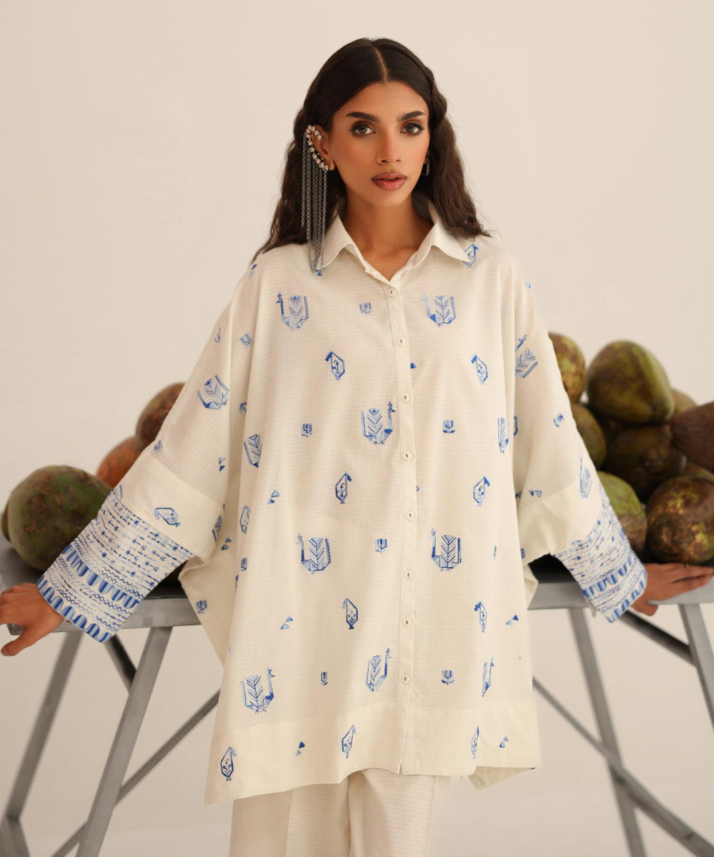 Women's RTW Dobby White Embroidered Button Down Shirt