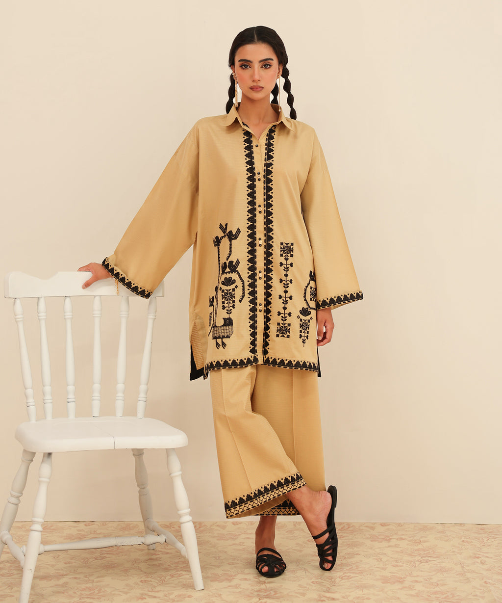 Women's RTW Dobby Beige Embroidered Button Down Shirt