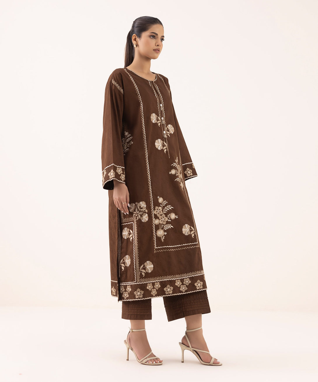 Women's RTW Cotton Jacquard Brown Embroidered Boxy Shirt