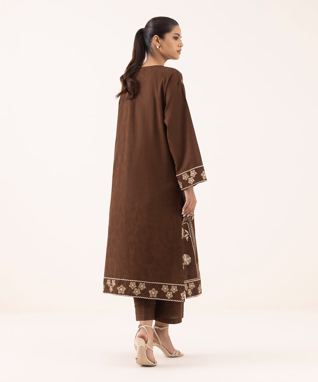 Women's RTW Cotton Jacquard Brown Embroidered Boxy Shirt