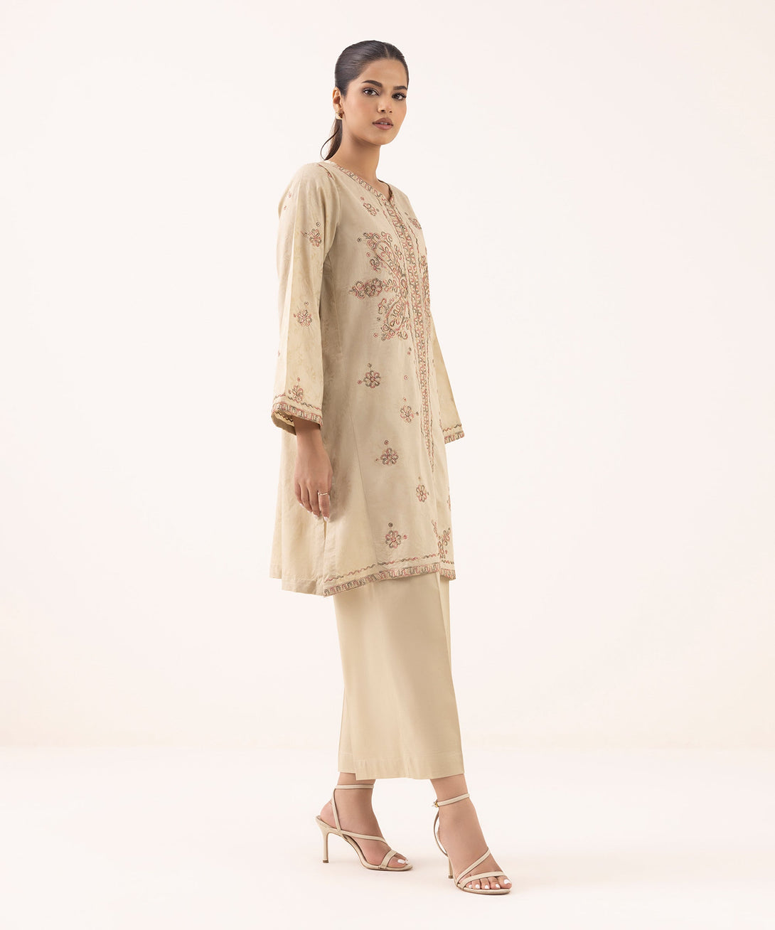 Women's RTW Cotton Jacquard Beige Embroidered A-Line Shirt