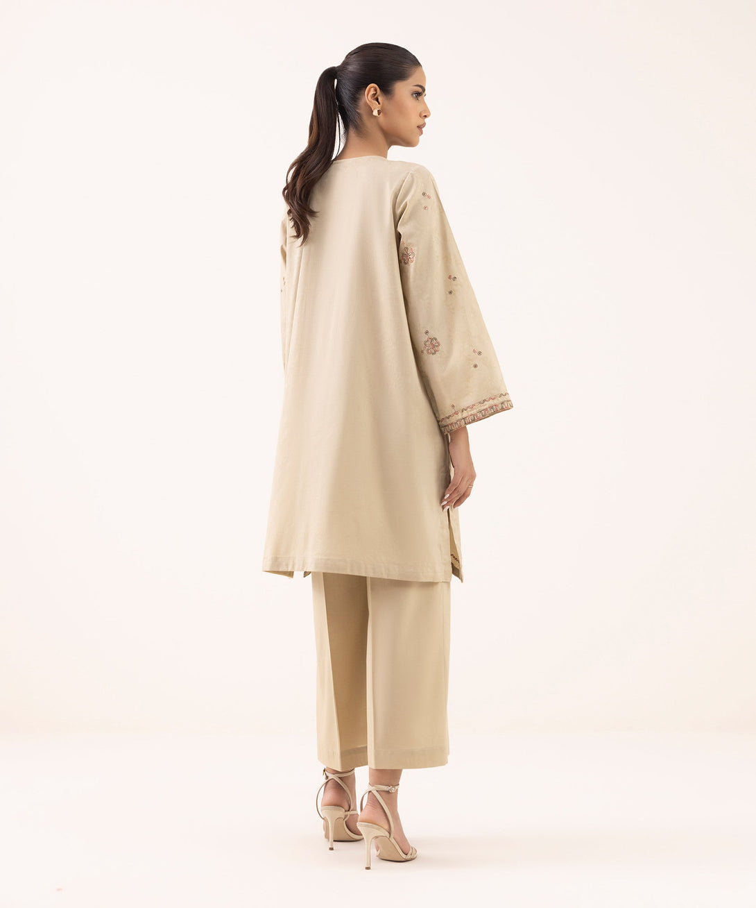 Women's RTW Cotton Jacquard Beige Embroidered A-Line Shirt