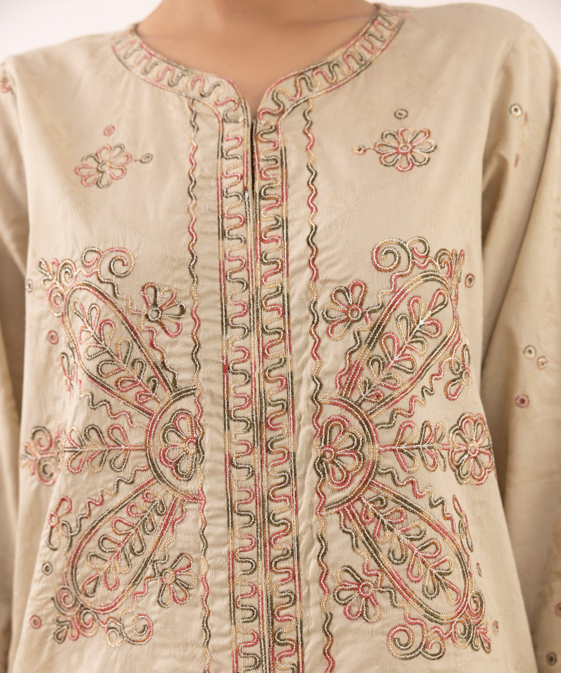 Women's RTW Cotton Jacquard Beige Embroidered A-Line Shirt