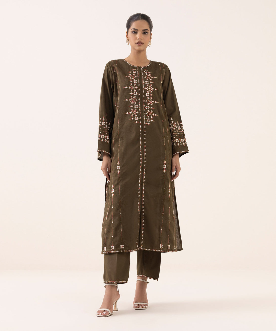 Women's RTW Cotton Jacquard Brown Embroidered A-Line Shirt