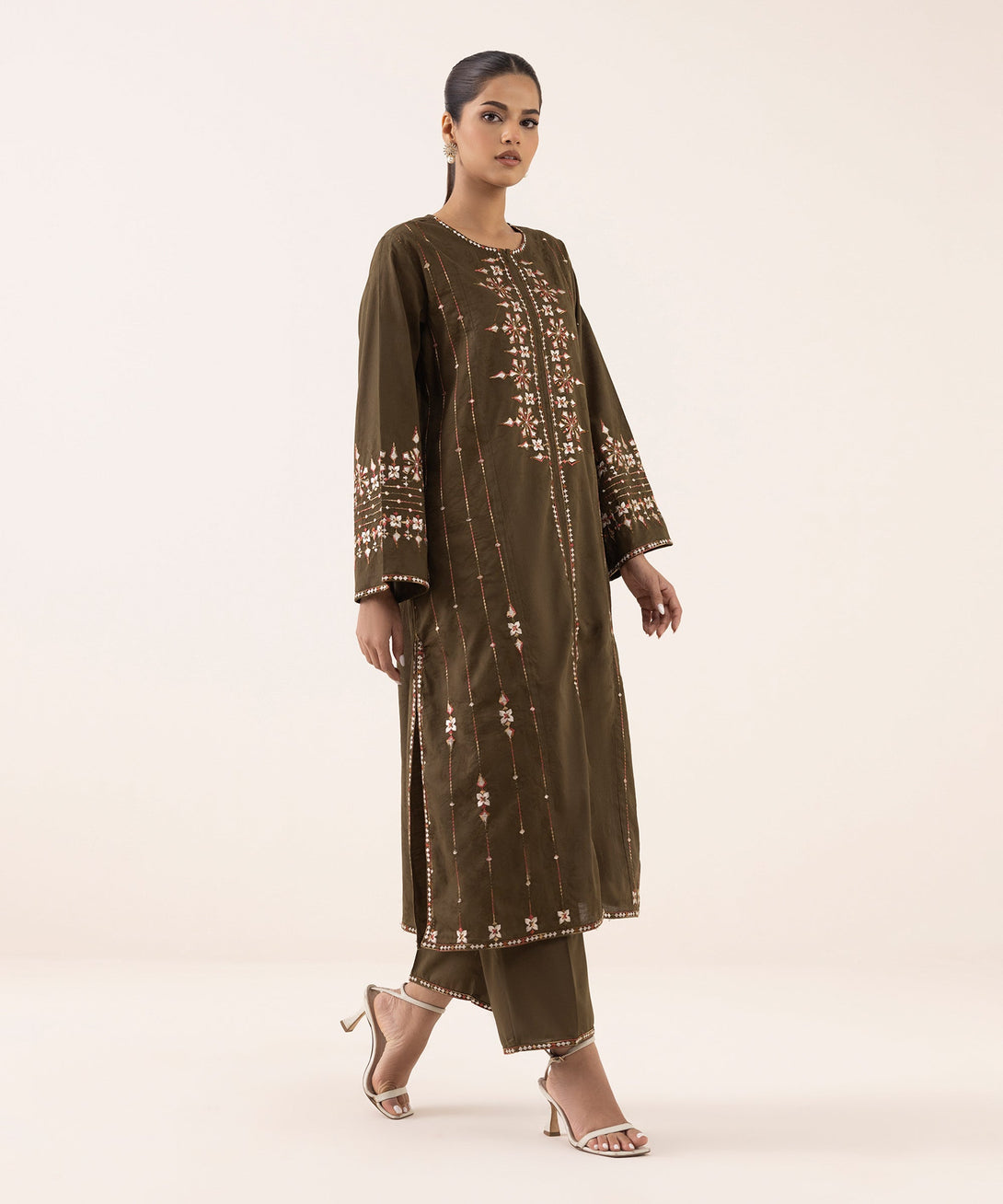 Women's RTW Cotton Jacquard Brown Embroidered A-Line Shirt