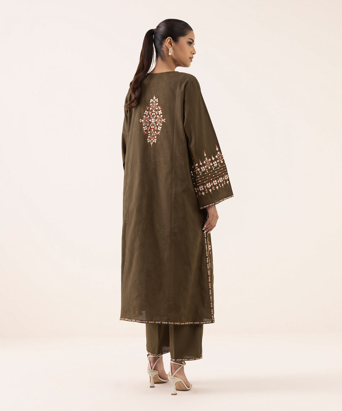 Women's RTW Cotton Jacquard Brown Embroidered A-Line Shirt