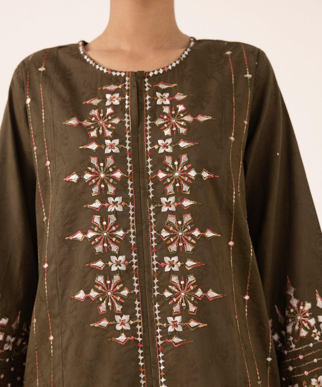 Women's RTW Cotton Jacquard Brown Embroidered A-Line Shirt