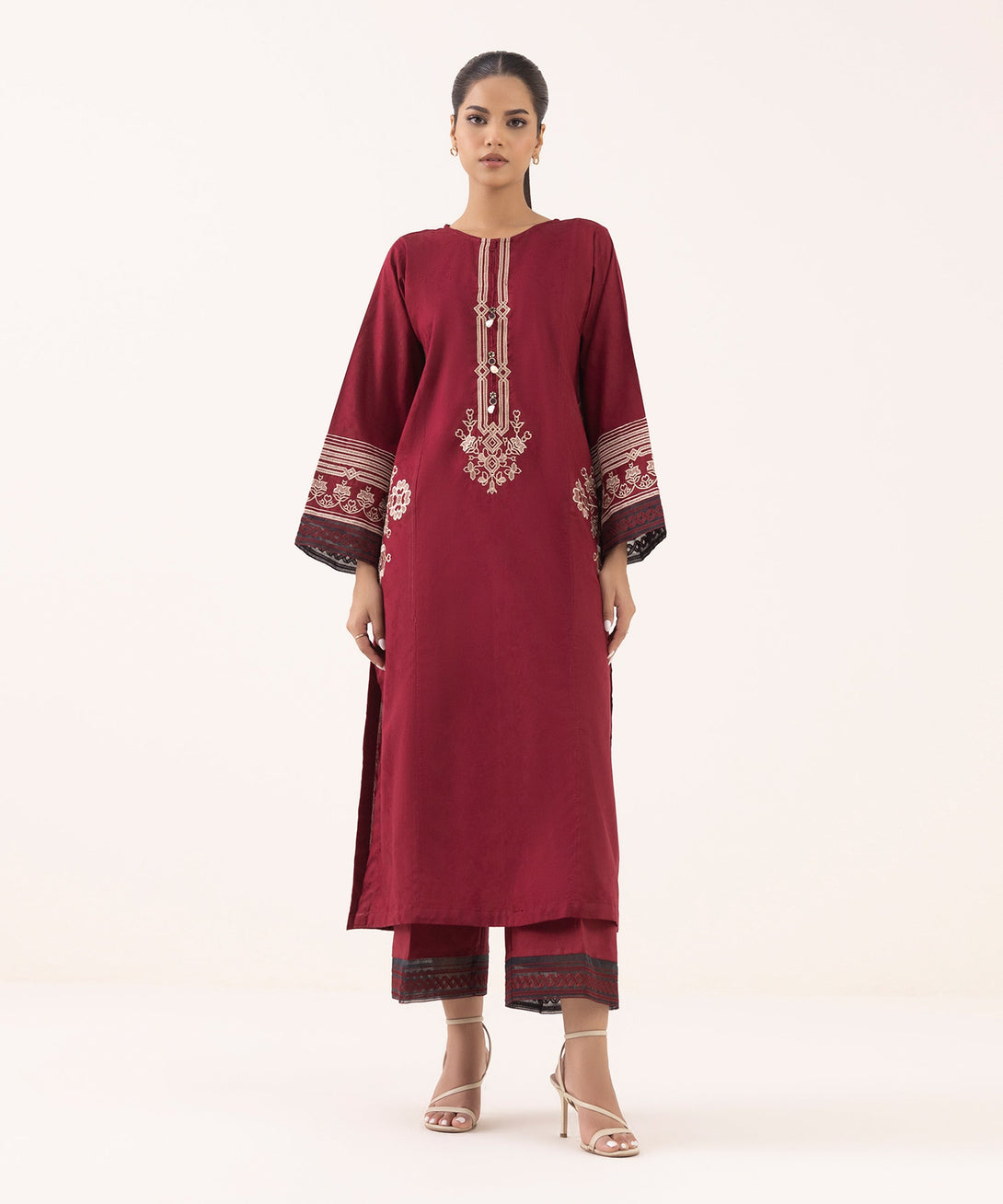 Women's RTW Cotton Jacquard Red Embroidered Boxy Shirt