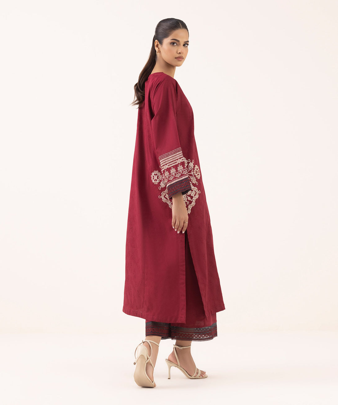 Women's RTW Cotton Jacquard Red Embroidered Boxy Shirt