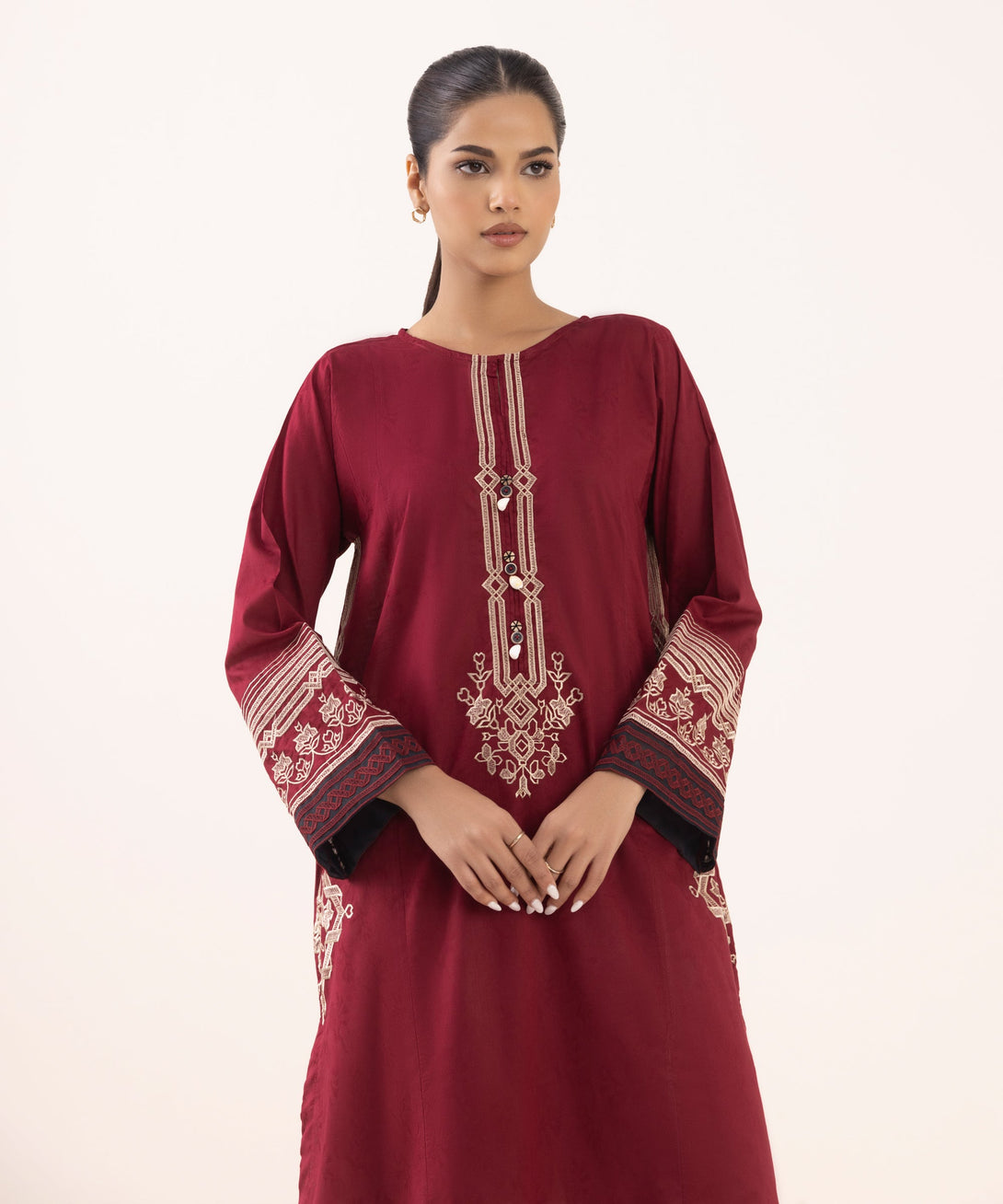 Women's RTW Cotton Jacquard Red Embroidered Boxy Shirt