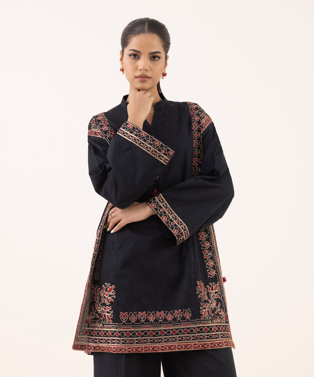 Women's RTW Cotton Jacquard Black Embroidered Boxy Shirt