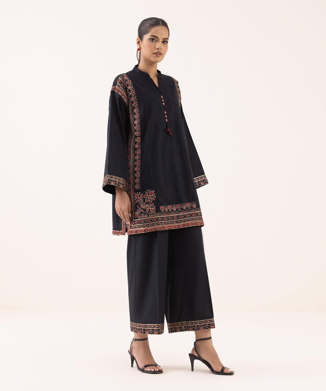 Women's RTW Cotton Jacquard Black Embroidered Boxy Shirt