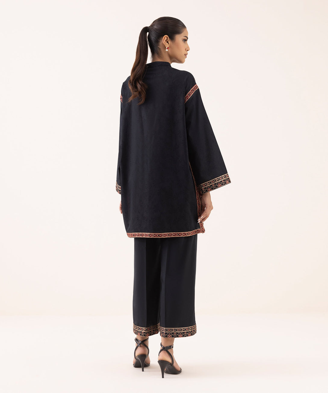 Women's RTW Cotton Jacquard Black Embroidered Boxy Shirt