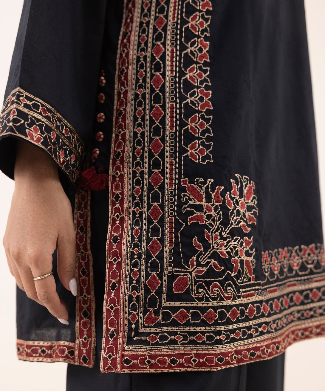 Women's RTW Cotton Jacquard Black Embroidered Boxy Shirt