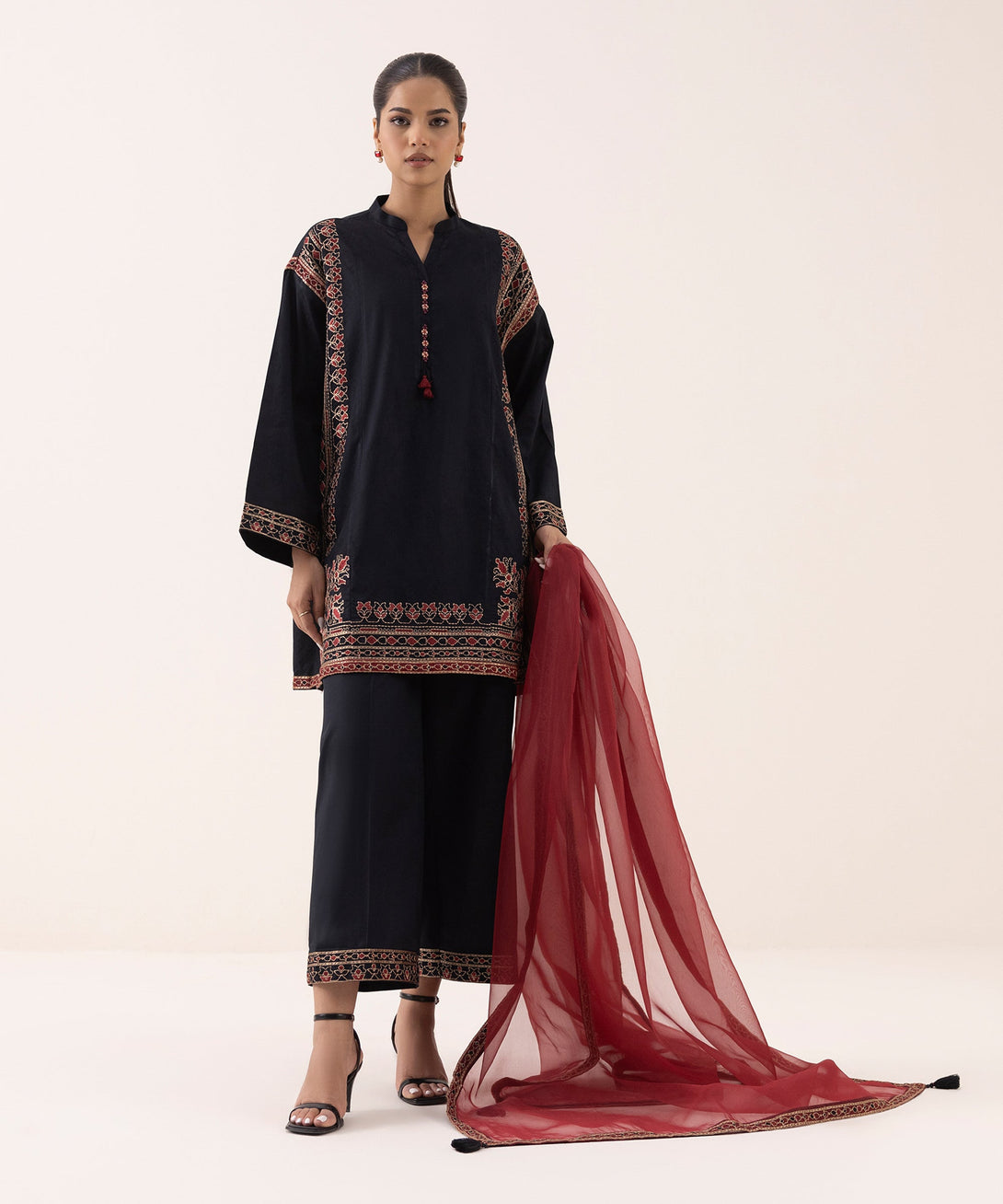 Women's RTW Cotton Jacquard Black Embroidered Boxy Shirt