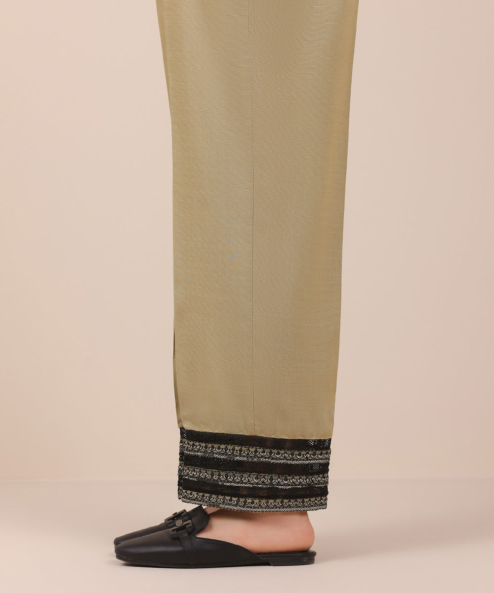 Women's Pret Brown Solid Embroidered Dull Viscose Raw Silk Straight Trousers