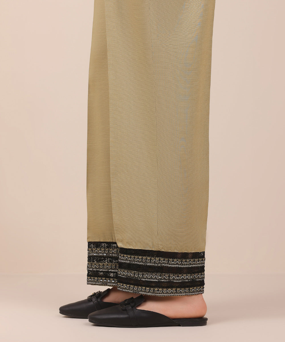 Women's Pret Brown Solid Embroidered Dull Viscose Raw Silk Straight Trousers