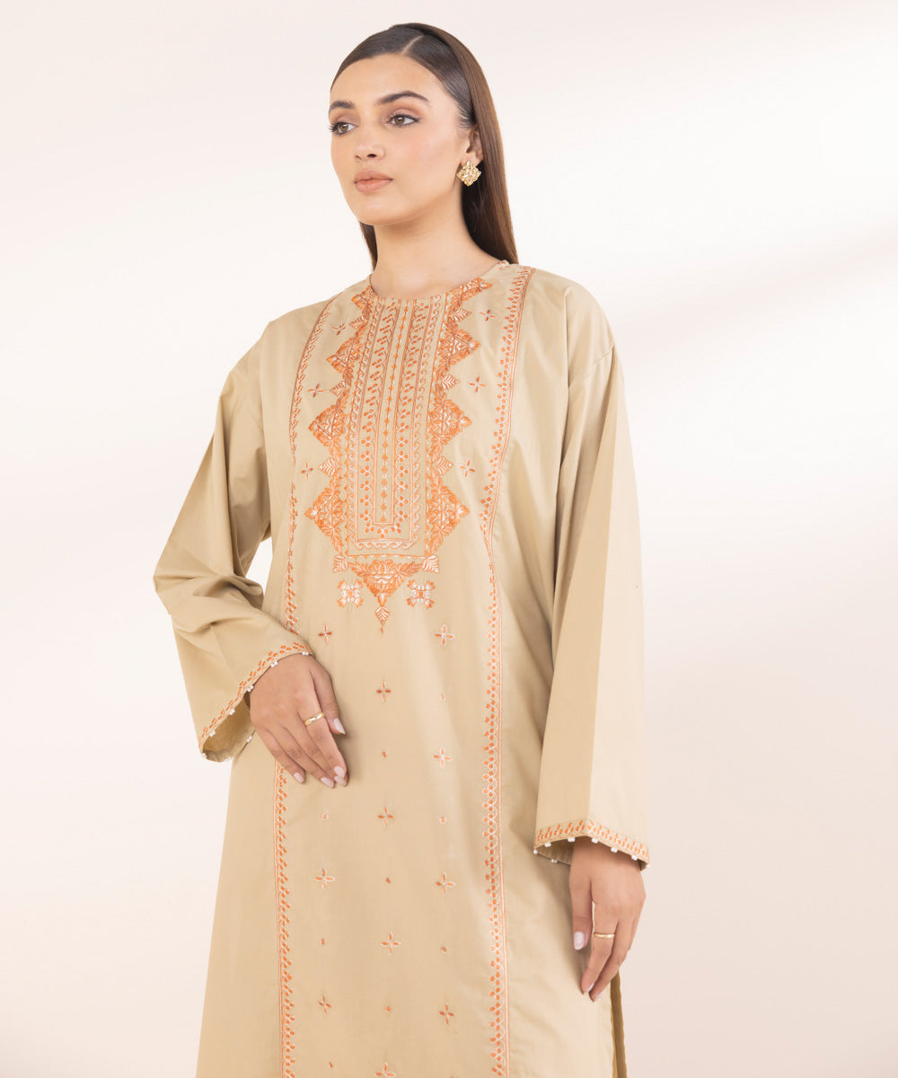 Women's Pret Beige Solid Embroidered Cambric A-Line Shirt