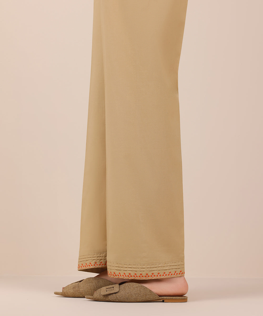 Women's Pret Beige Solid Embroidered Cambric Straight Trousers