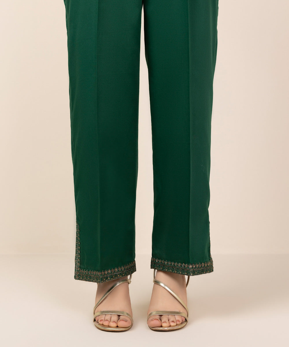 Women's Pret Green Solid Embroidered Cotton Satin Straight Trousers