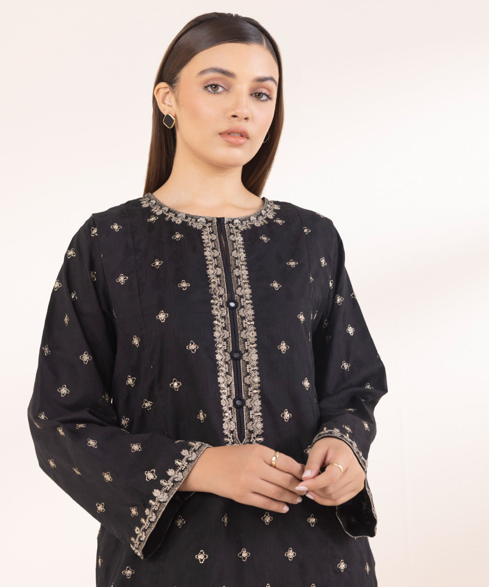 Women's Pret Black Solid Embroidered Cotton Jacquard A-Line Shirt