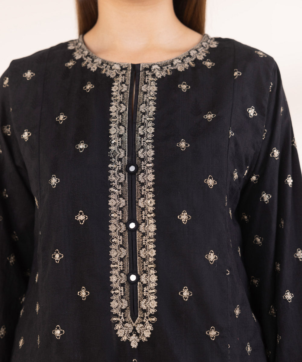 Women's Pret Black Solid Embroidered Cotton Jacquard A-Line Shirt