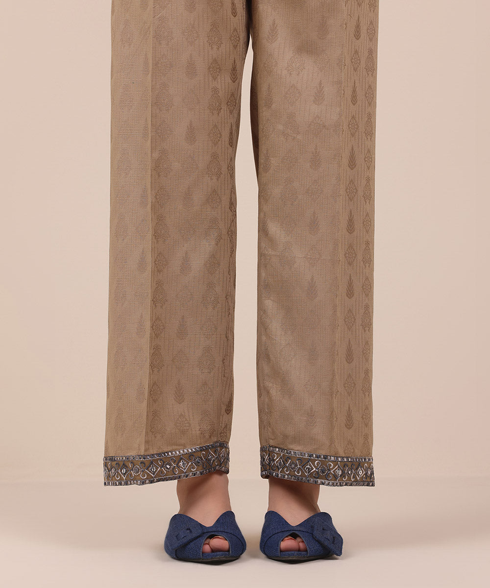 Women's Pret Brown Solid Embroidered Cotton Jacquard Straight Trousers