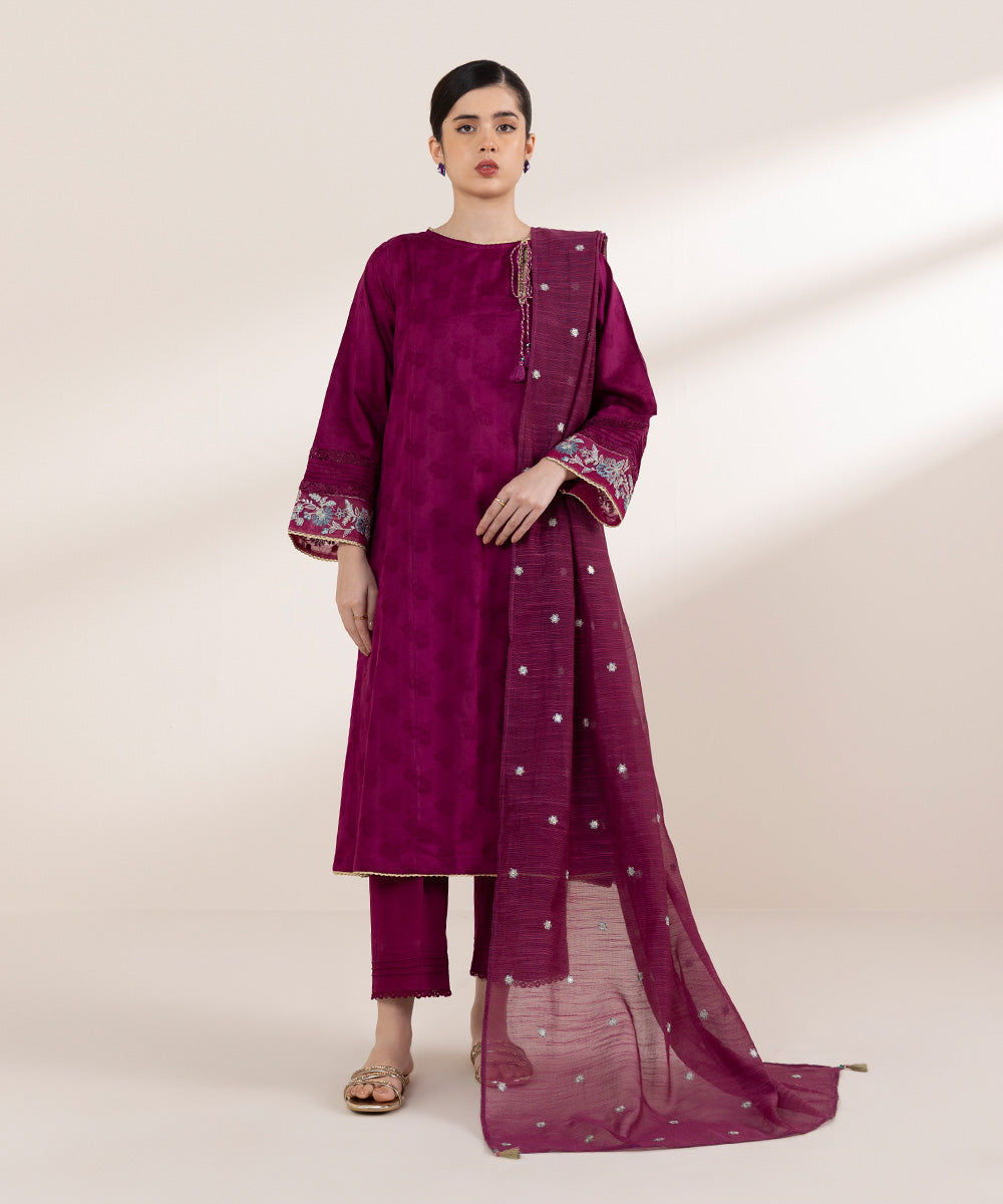 Blended Raw Net Purple Embroidered Dupatta