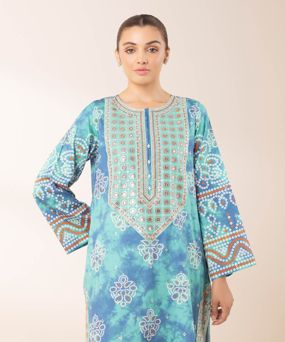 Women's Pret Cotton Satin Blue Embroidered A-Line Shirt