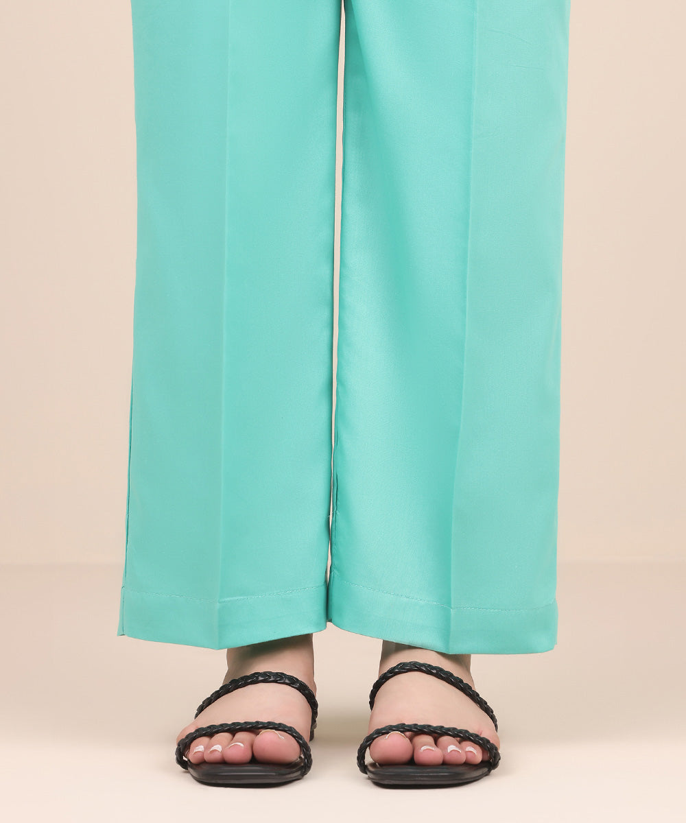 Women's Pret Cotton Satin Blue Solid Straight Pants