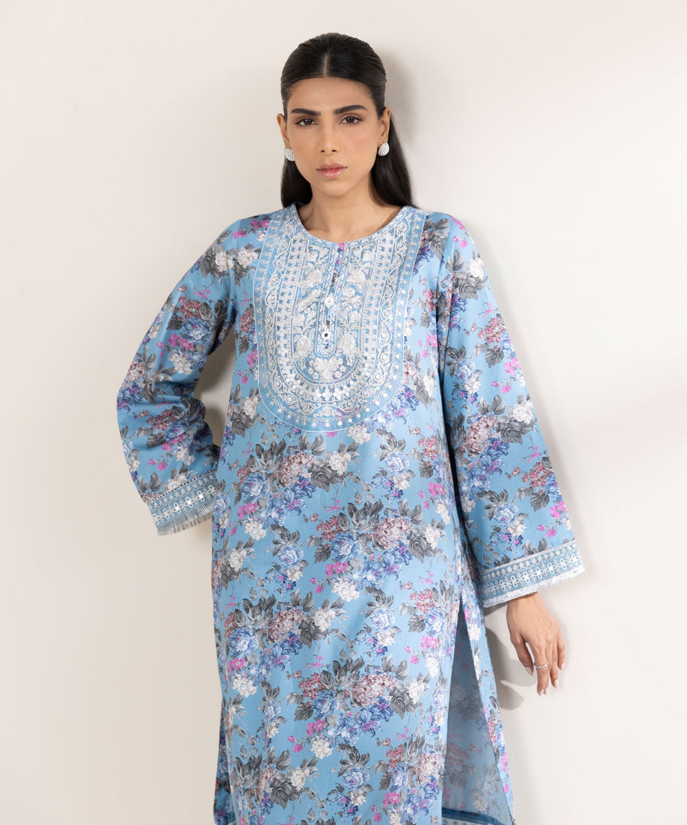 Women's RTW Cotton Satin Blue Embroidered A-Line Shirt