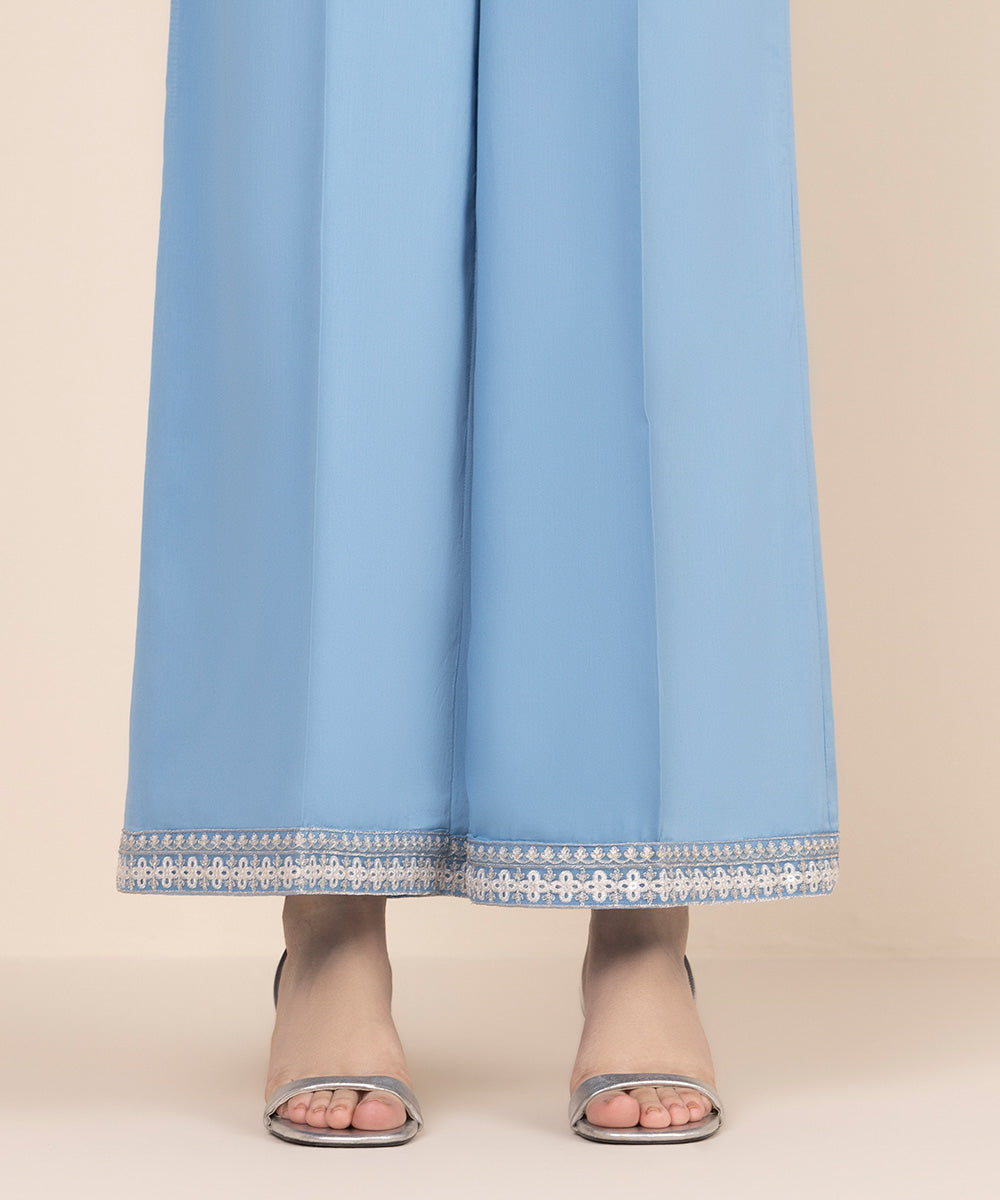 Women's RTW Cotton Satin Blue Embroidered Flared Pants