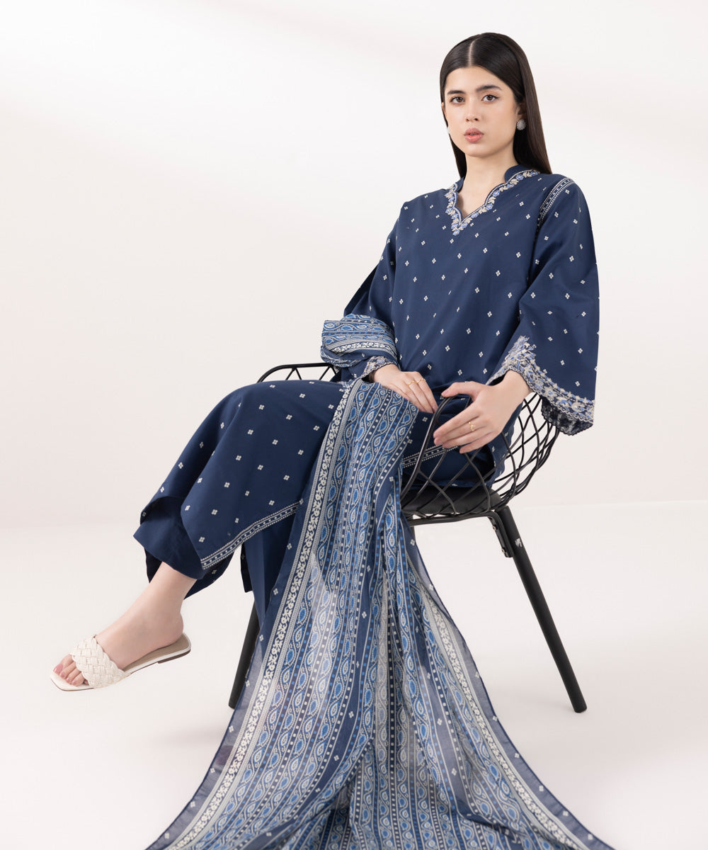 Women's Unstitched Cambric Embroidered Blue 3 Piece Suit