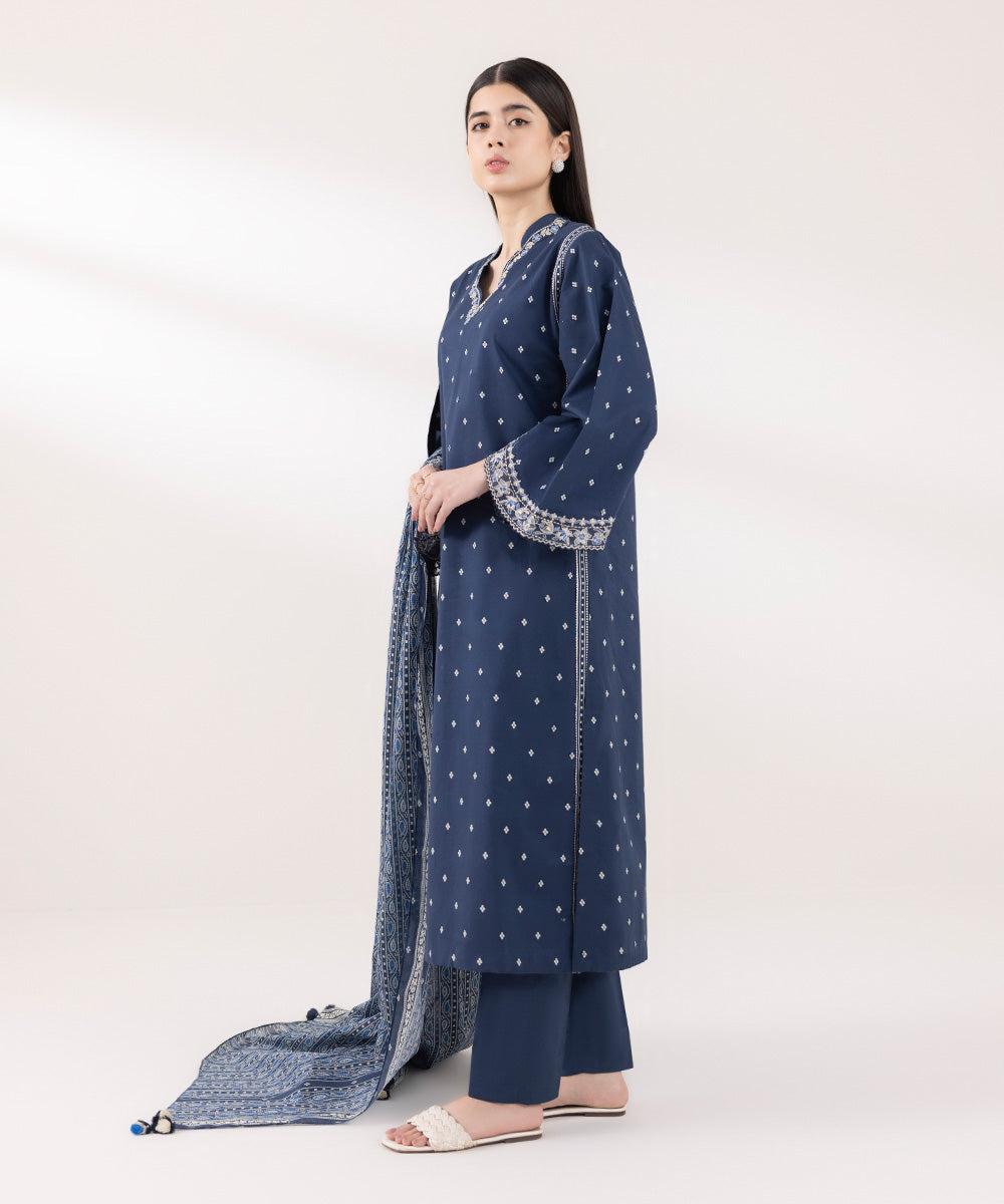 Women's Unstitched Cambric Embroidered Blue 3 Piece Suit