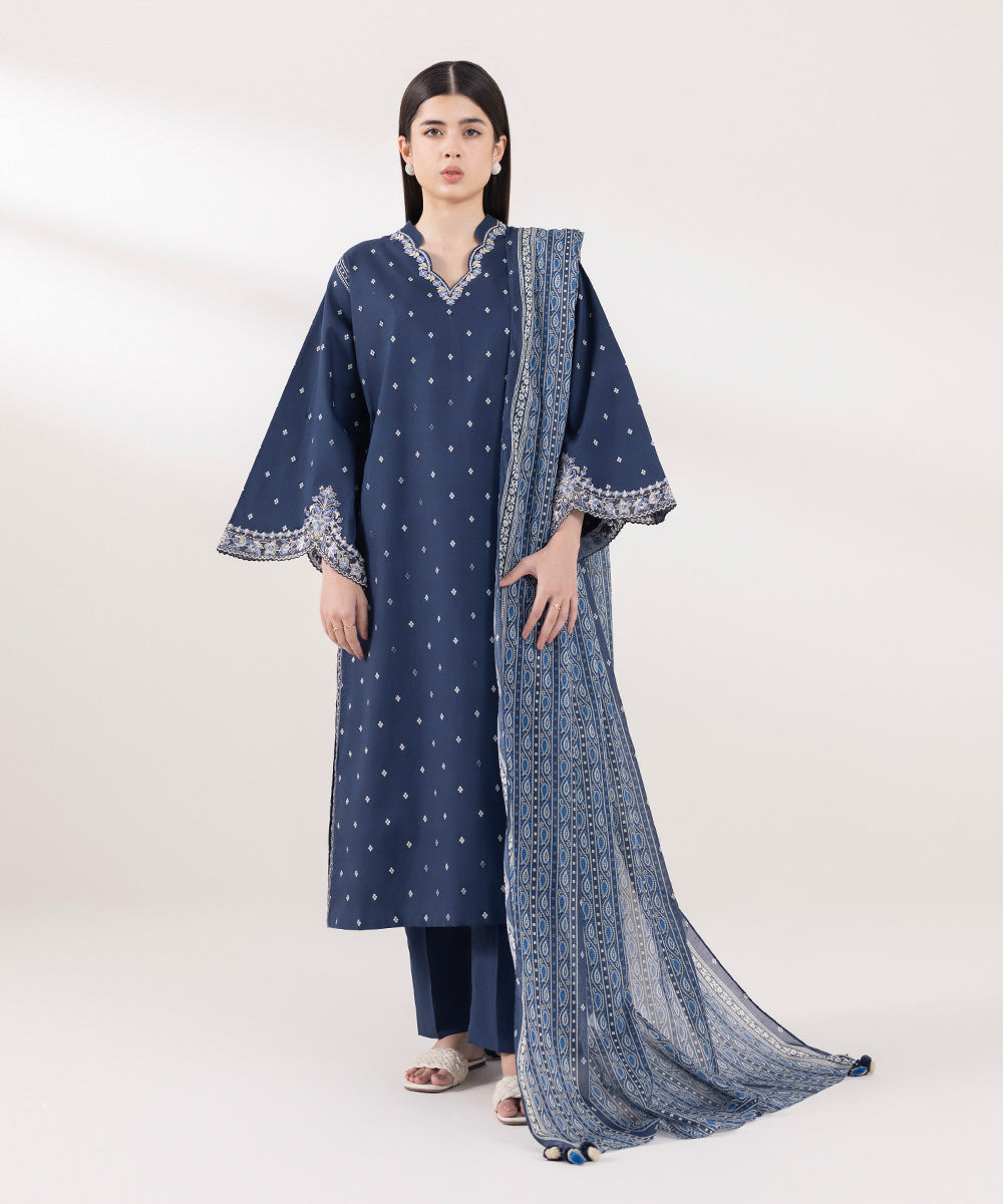 Women's Unstitched Cambric Embroidered Blue 3 Piece Suit