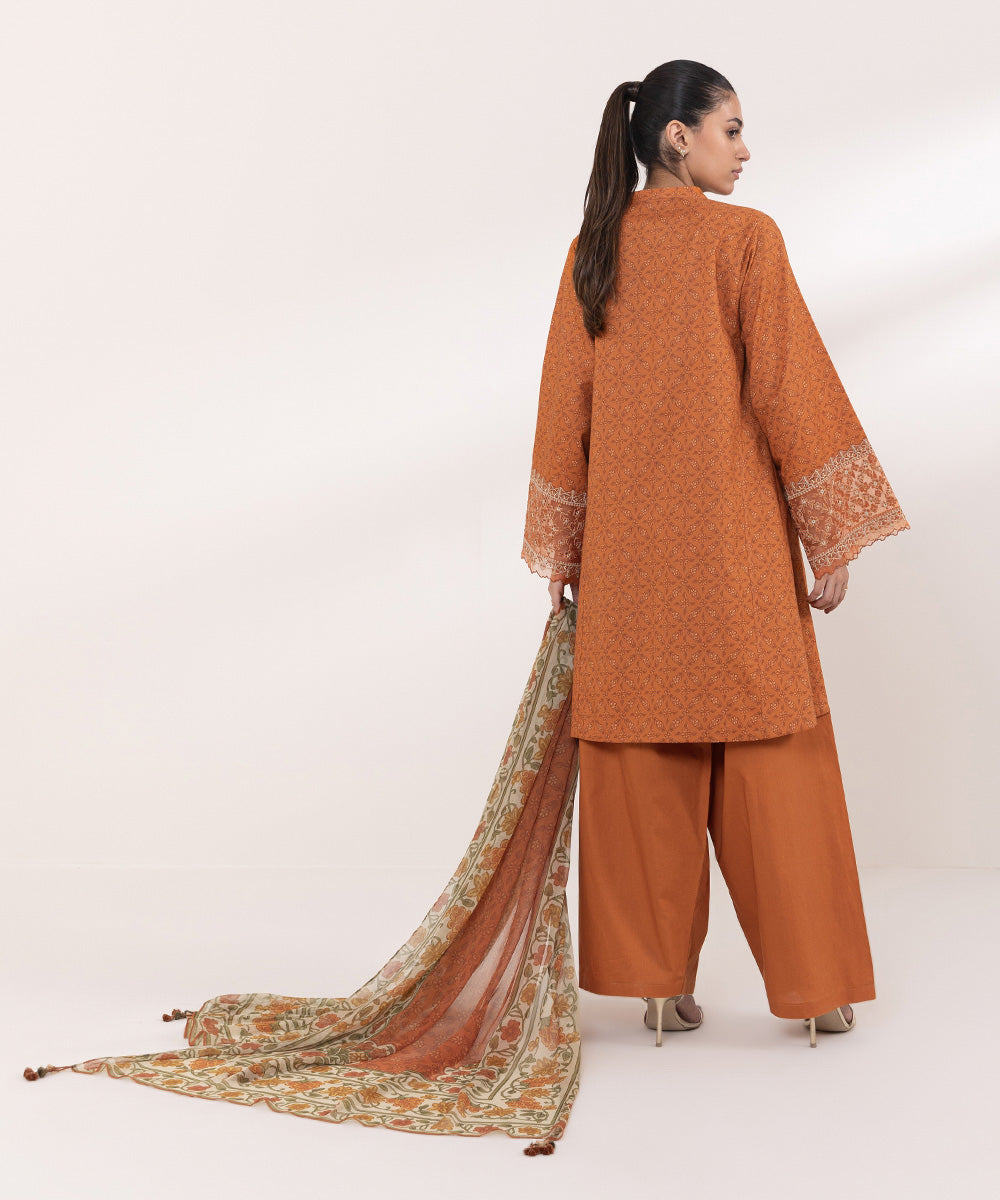 Women's Unstitched Cambric Embroidered Orange 3 Piece Suit