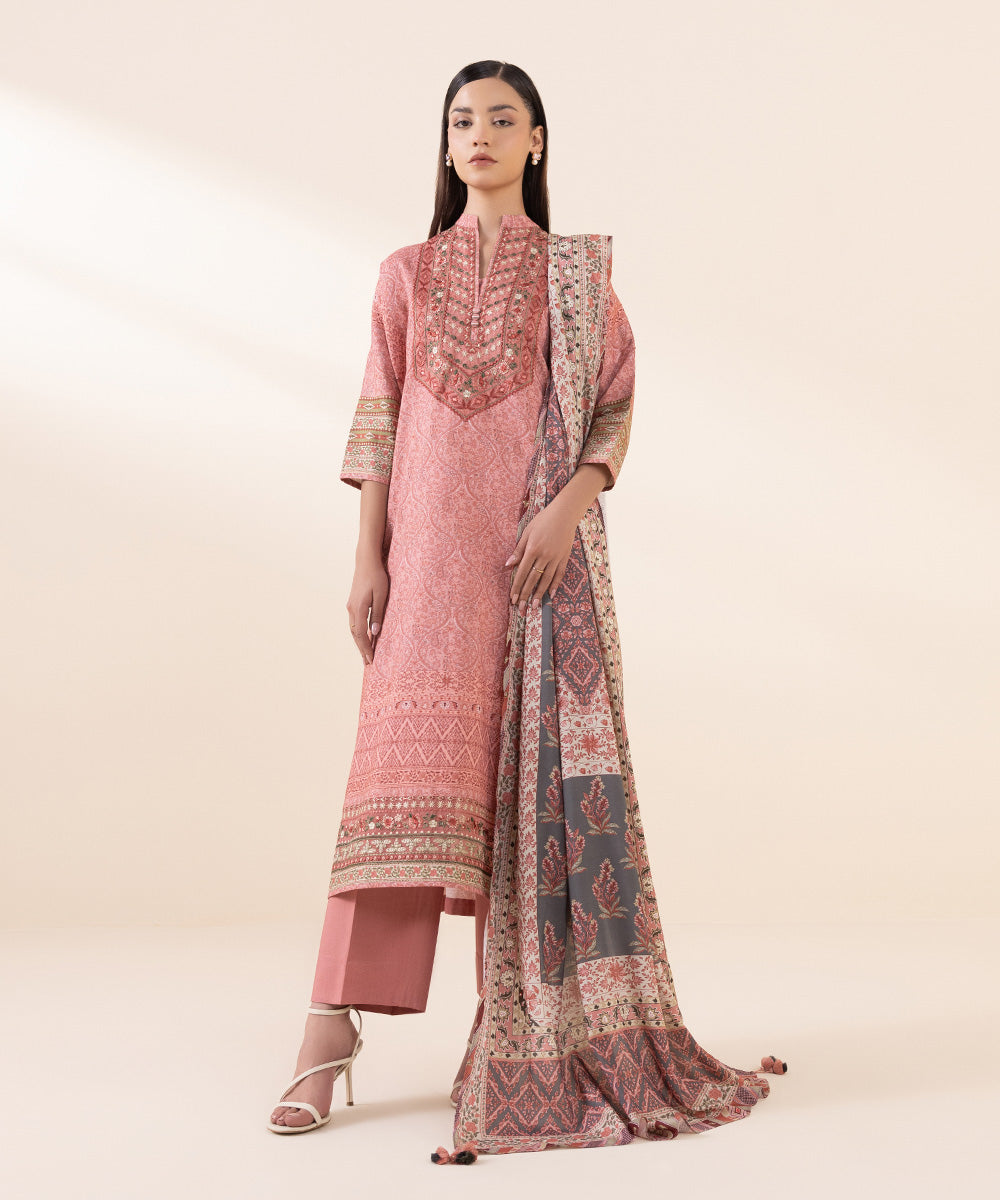 Women's Unstitched Linen Pink Embroidered 3 Piece Suit