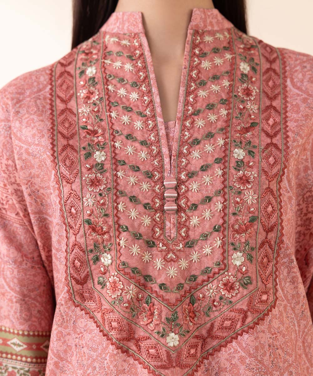 Women's Unstitched Linen Pink Embroidered 3 Piece Suit