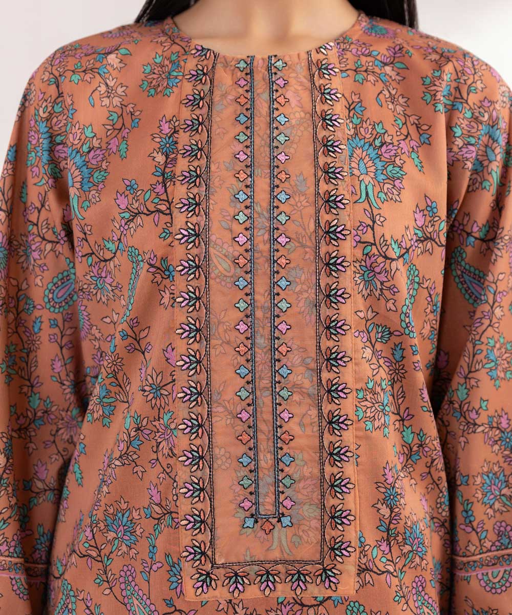 Women's Pret Lawn Printed Embroidered Brown A-Line Shirt