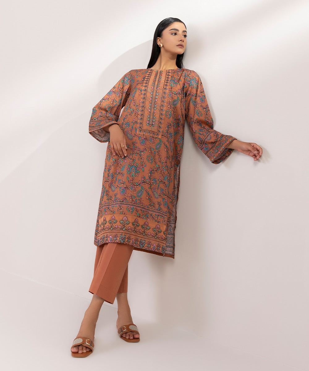 Women's Pret Lawn Printed Embroidered Brown A-Line Shirt