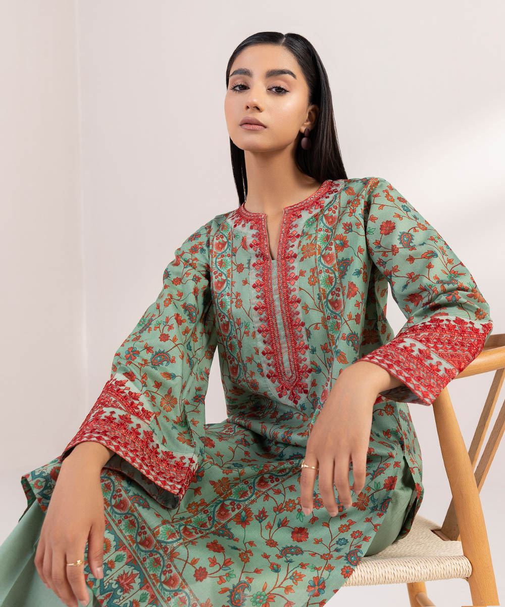 Women's Pret Lawn Printed Embroidered Green A-Line Shirt