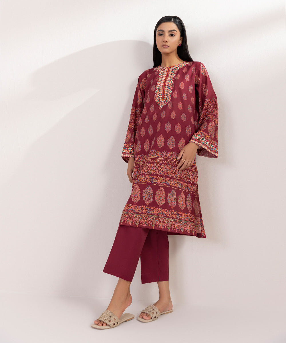 Women's Pret Lawn Printed Embroidered Red Straight Shirt