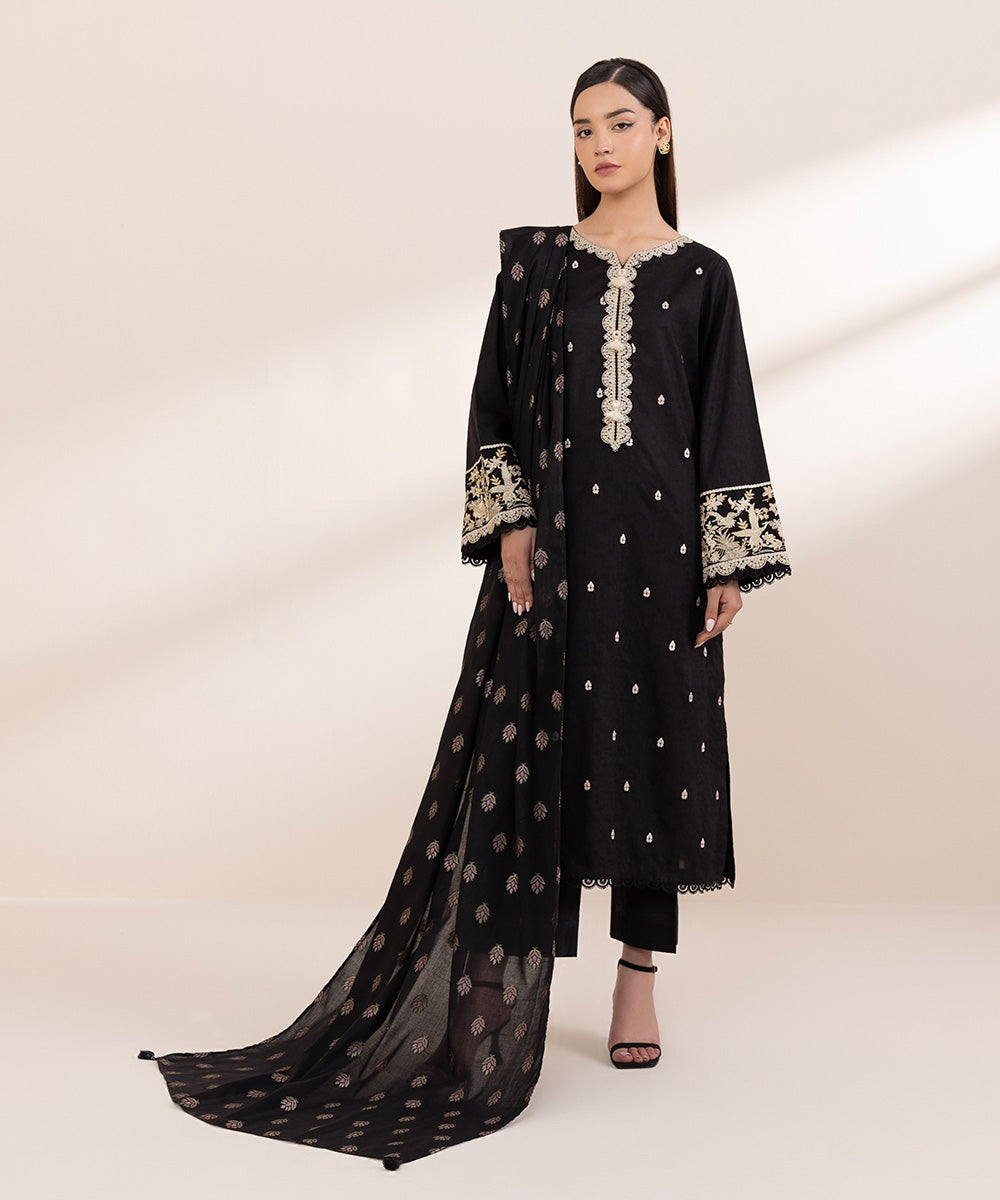 Extra Weft Jacquard Black Solid Dupatta