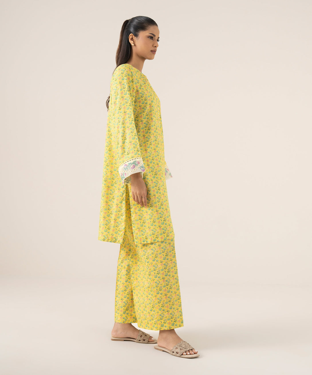 Women's RTW Arabic Lawn Yellow Printed A-Line Shirt